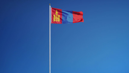 Mongolia flag waving against clean blue sky, long shot, isolated with clipping path mask alpha channel transparency