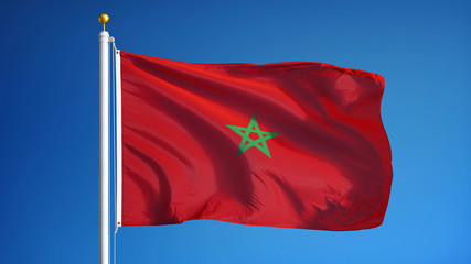 Morocco flag waving against clean blue sky, close up, isolated with clipping path mask alpha channel transparency