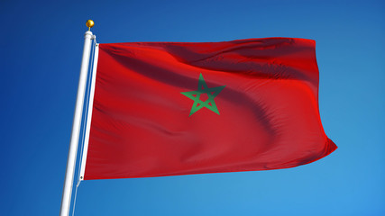 Morocco flag waving against clean blue sky, close up, isolated with clipping path mask alpha channel transparency