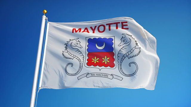 Mayotte flag waving against clean blue sky, close up, isolated with clipping path mask alpha channel transparency - Powered by Adobe