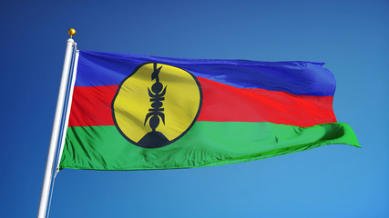 New Caledonia flag waving against clean blue sky close up, isolated with clipping path mask alpha channel transparency