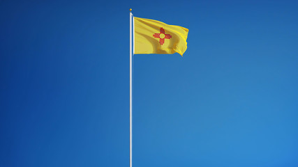 New Mexico flag waving against clean blue sky, long shot, isolated with clipping path mask alpha channel transparency