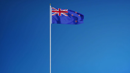 New Zealand flag waving against clean blue sky, long shot, isolated with clipping path mask alpha channel transparency
