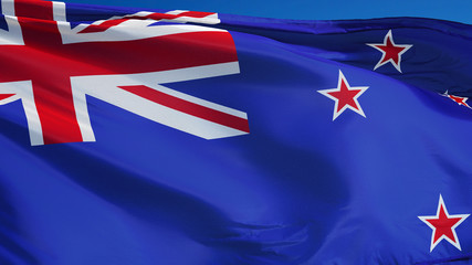 New Zealand flag waving against clean blue sky, close up, isolated with clipping path mask alpha channel transparency