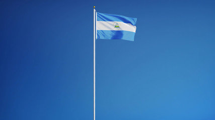 Nicaragua flag waving against clean blue sky, long shot, isolated with clipping path mask alpha channel transparency