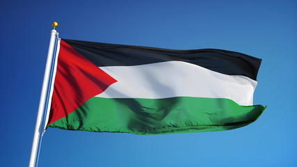 Fototapeta na wymiar Palestine flag waving against clean blue sky, close up, isolated with clipping path mask alpha channel transparency