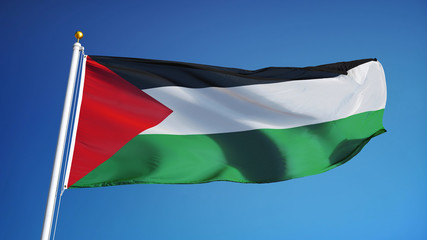 Palestine flag waving against clean blue sky, close up, isolated with clipping path mask alpha channel transparency