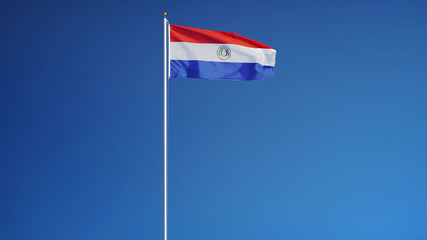 Paraguay flag waving against clean blue sky, long shot, isolated with clipping path mask alpha channel transparency