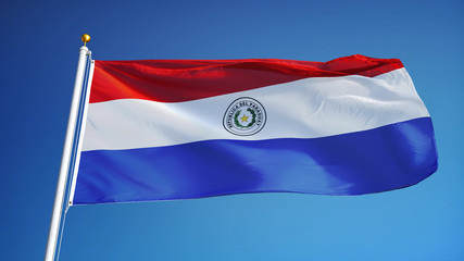 Paraguay flag waving against clean blue sky, close up, isolated with clipping path mask alpha channel transparency