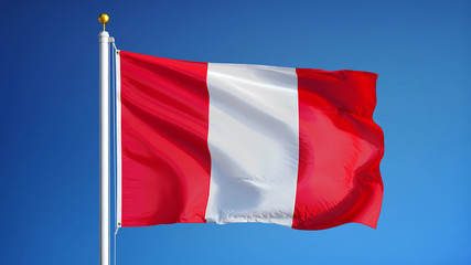 Peru flag waving against clean blue sky, close up, isolated with clipping path mask alpha channel transparency