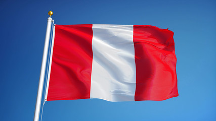Naklejka premium Peru flag waving against clean blue sky, close up, isolated with clipping path mask alpha channel transparency