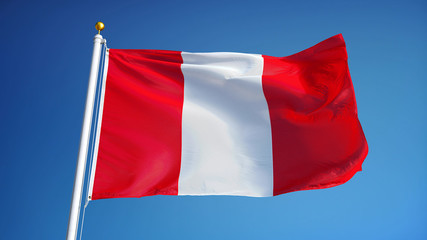 Peru flag waving against clean blue sky, close up, isolated with clipping path mask alpha channel transparency