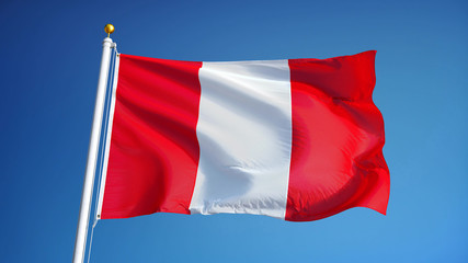 Peru flag waving against clean blue sky, close up, isolated with clipping path mask alpha channel transparency