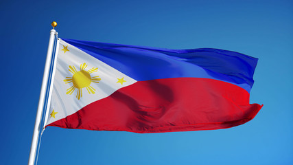 Philippines flag waving against clean blue sky, close up, isolated with clipping path mask alpha channel transparency