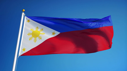 Philippines flag waving against clean blue sky, close up, isolated with clipping path mask alpha channel transparency