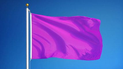 Bright pink flag waving against clean blue sky, close up, isolated with clipping path mask alpha channel transparency