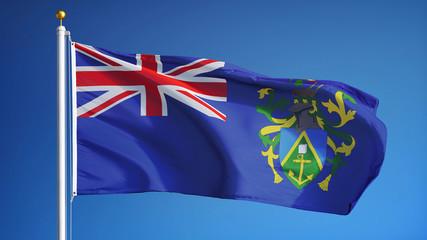 Pitcairn Islands flag waving against clean blue sky, close up, isolated with clipping path mask alpha channel transparency