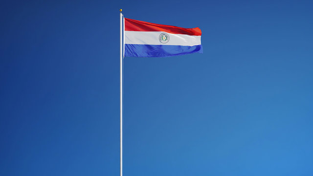 Paraguay flag waving against clean blue sky, long shot, isolated with clipping path mask alpha channel transparency