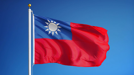 Republic of China flag waving against clean blue sky, close up, isolated with clipping path mask alpha channel transparency