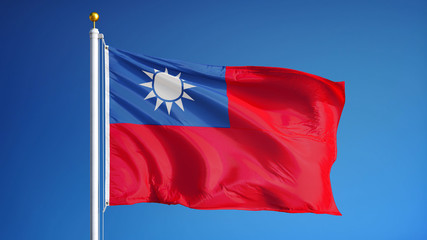 Republic of China flag waving against clean blue sky, close up, isolated with clipping path mask alpha channel transparency