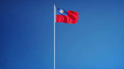 Republic of China flag waving against clean blue sky, long shot, isolated with clipping path mask alpha channel transparency