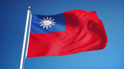 Republic of China flag waving against clean blue sky, close up, isolated with clipping path mask alpha channel transparency