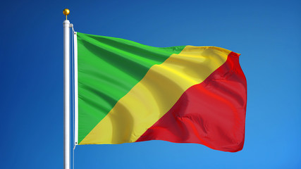 Republic of the Congo flag waving against clean blue sky, close up, isolated with clipping path mask alpha channel transparency