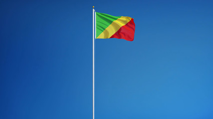 Republic of the Congo flag waving against clean blue sky, long shot, isolated with clipping path mask alpha channel transparency