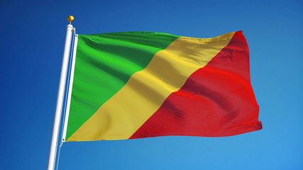 Republic of the Congo flag waving against clean blue sky, close up, isolated with clipping path mask alpha channel transparency