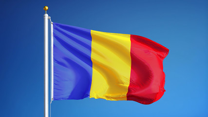 Romania flag waving against clean blue sky, close up, isolated with clipping path mask alpha channel transparency