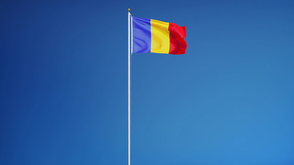 Romania flag waving against clean blue sky, long shot, isolated with clipping path mask alpha channel transparency