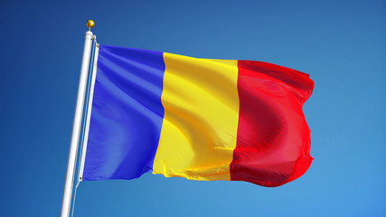 Romania flag waving against clean blue sky, close up, isolated with clipping path mask alpha channel transparency