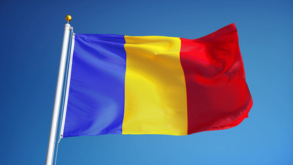 Romania flag waving against clean blue sky, close up, isolated with clipping path mask alpha channel transparency
