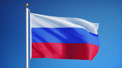 Fototapeta na wymiar Russia flag waving against clean blue sky, close up, isolated with clipping path mask alpha channel transparency