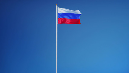 Fototapeta na wymiar Russia flag waving against clean blue sky, long shot, isolated with clipping path mask alpha channel transparency