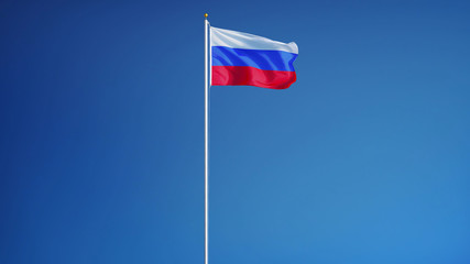 Russia flag waving against clean blue sky, long shot, isolated with clipping path mask alpha channel transparency
