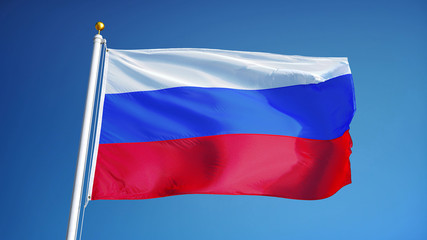 Fototapeta na wymiar Russia flag waving against clean blue sky, close up, isolated with clipping path mask alpha channel transparency