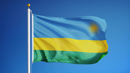 Rwanda flag waving against clean blue sky, close up, isolated with clipping path mask alpha channel transparency