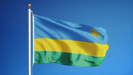Rwanda flag waving against clean blue sky, close up, isolated with clipping path mask alpha channel transparency