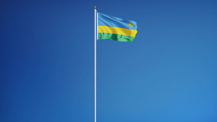 Rwanda flag waving against clean blue sky, long shot, isolated with clipping path mask alpha channel transparency