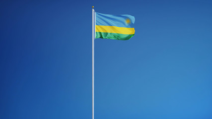 Rwanda flag waving against clean blue sky, long shot, isolated with clipping path mask alpha channel transparency