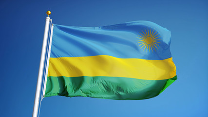 Rwanda flag waving against clean blue sky, close up, isolated with clipping path mask alpha channel transparency