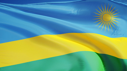 Rwanda flag waving against clean blue sky, close up, isolated with clipping path mask alpha channel transparency