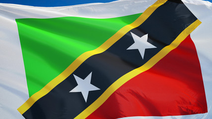 Saint Kitts and Nevis flag waving against clean blue sky, close up, isolated with clipping path mask alpha channel transparency