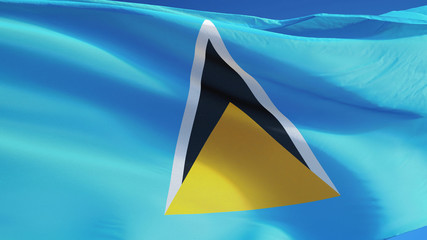 Saint Lucia flag waving against clean blue sky, close up, isolated with clipping path mask alpha channel transparency