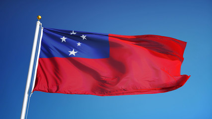 Samoa flag waving against clean blue sky, close up, isolated with clipping path mask alpha channel transparency