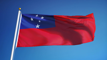 Naklejka na ściany i meble Samoa flag waving against clean blue sky, close up, isolated with clipping path mask alpha channel transparency