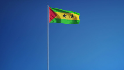 Sao Tome and Principe flag waving against clean blue sky, long shot, isolated with clipping path mask alpha channel transparency