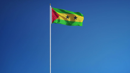 Sao Tome and Principe flag waving against clean blue sky, long shot, isolated with clipping path mask alpha channel transparency