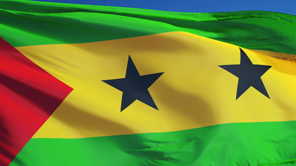 Sao Tome and Principe flag waving against clean blue sky, close up, isolated with clipping path mask alpha channel transparency